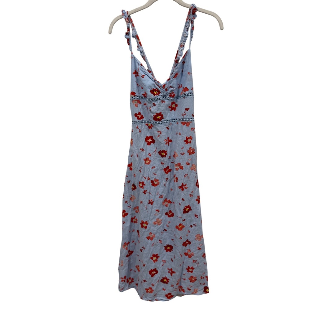 Zara Blue‎ Red Floral Ruffle Strap Open Back Midi Dress Linen Blend Size M